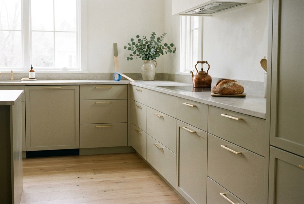 Kitchen cabinets refinished in a putty-sage color with a factory-smooth sprayed finish