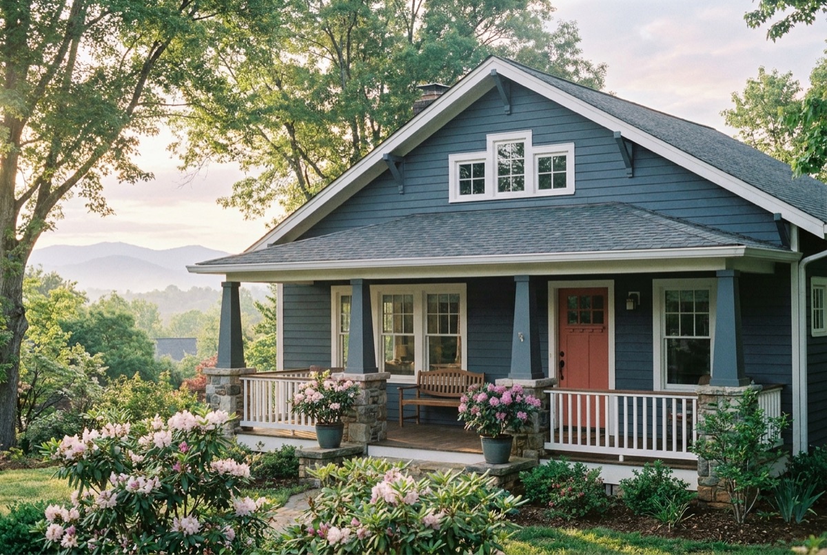 Freshly painted slate-blue craftsman bungalow with white trim and the Blue Ridge mountains behind