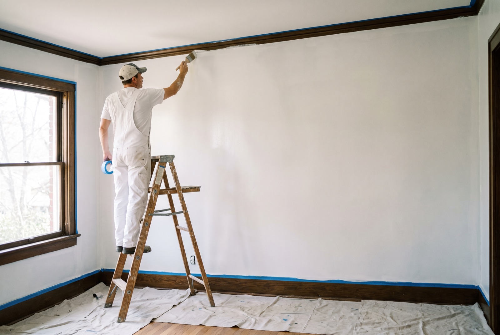 Whitlock painter cutting a crisp ceiling line by hand in a bright living room