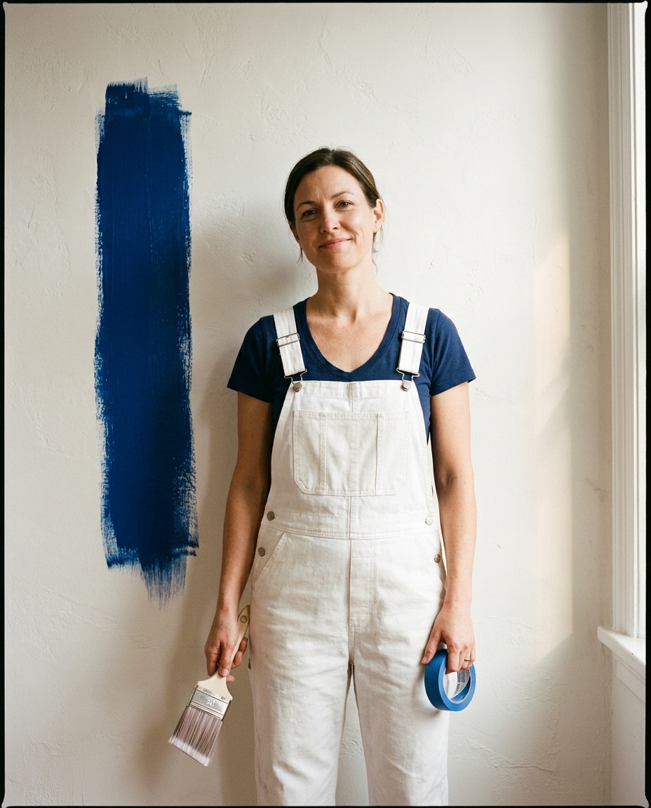 June Whitlock in white painter's overalls beside a brushed stripe of ultramarine sample paint, holding a sash brush