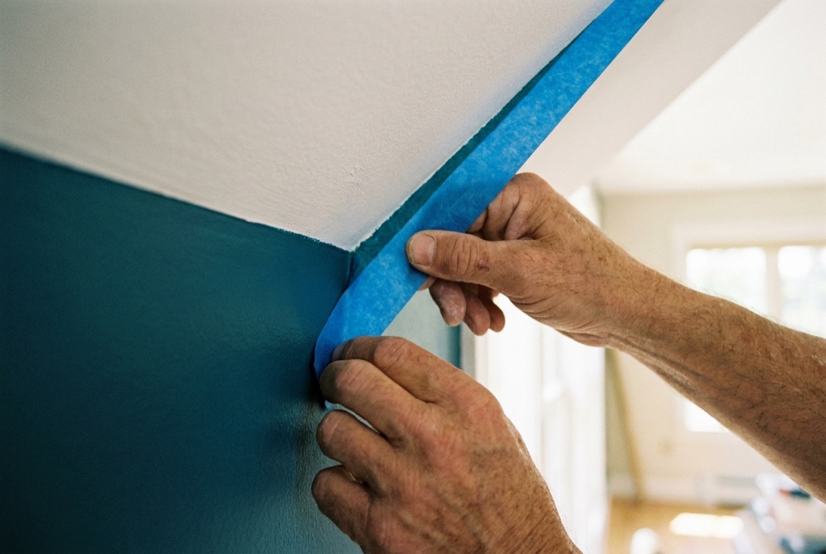 Hands pulling blue tape from a wall to reveal a crisp paint line